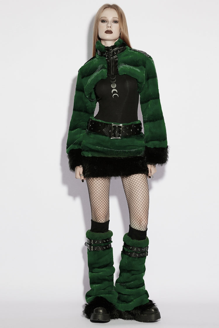 Green Stand Collar Long Sleeves Buckle Straps Faux Fur Punk Short Cloak