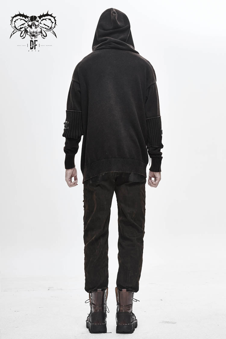 Brown Worn-out Long Sleeve Elbow Leather Strip Lace-up Hooded Coarse Knit Punk Sweater