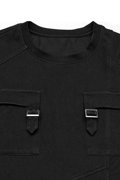 Black Round Collar Short Sleeves Pocket Denim Punk T-shirt