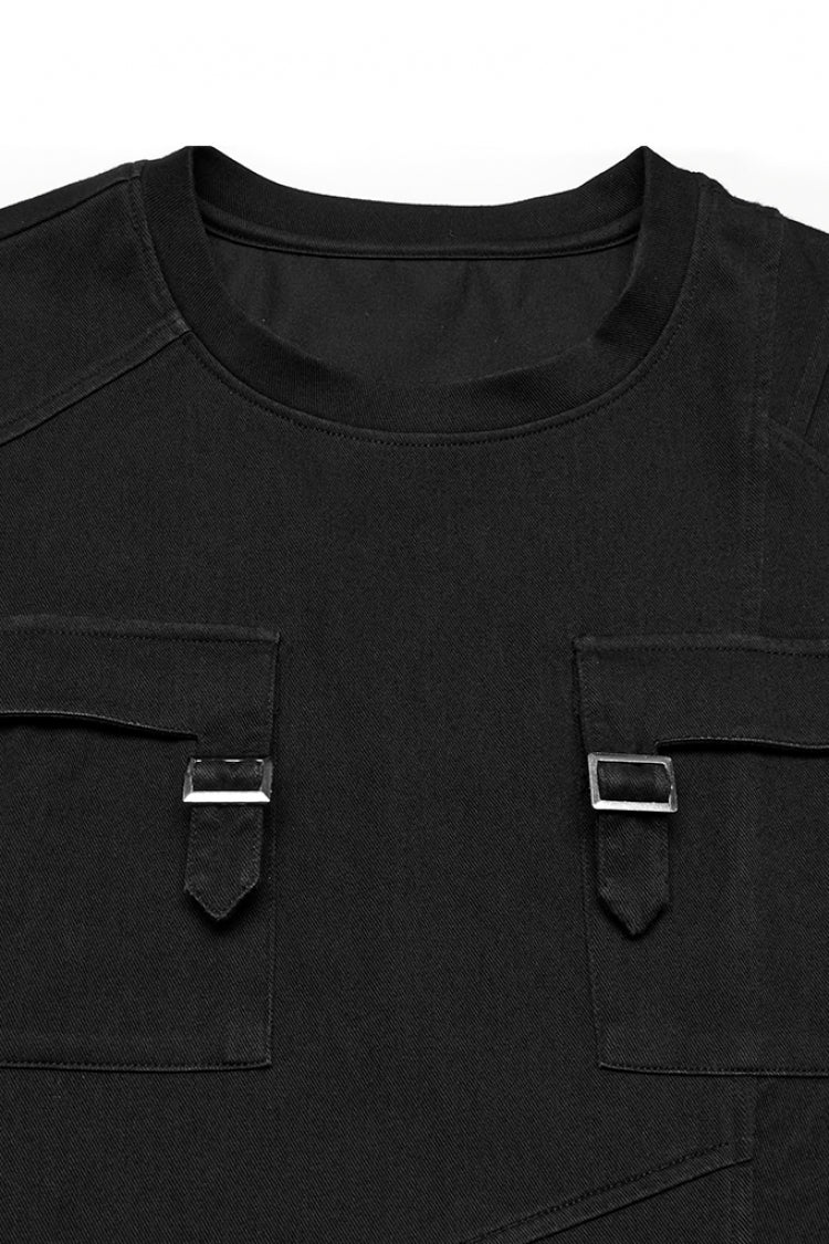 Black Round Collar Short Sleeves Pocket Denim Punk T-shirt
