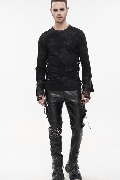 Black Punk Long Sleeve Knit Broken Holes Spider Web Print Crew Neck Shirt