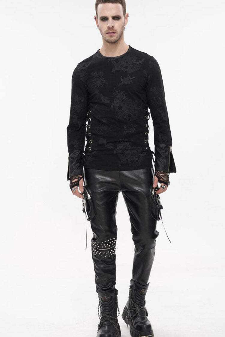 Black Punk Long Sleeve Knit Broken Holes Spider Web Print Crew Neck Shirt