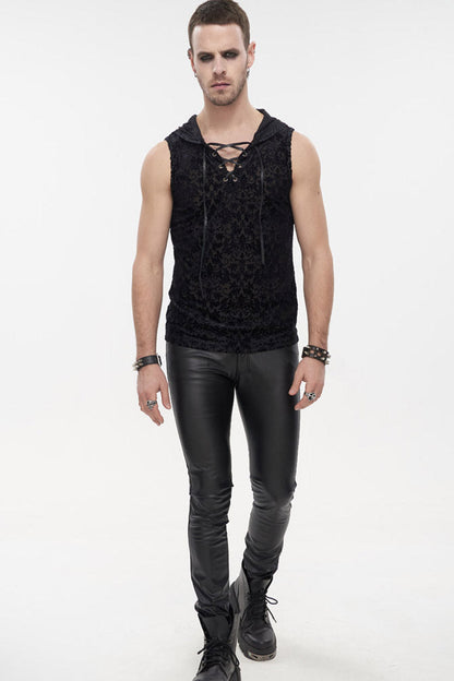 Black Punk Velvet Jacquard Chest Tie Sleeveless Hooded Shirt