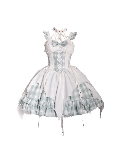 Punk Rock Halterneck Irregular Plaid Suspender Dress + Head Accessories