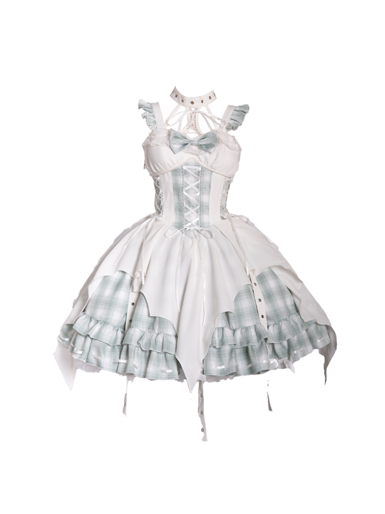 Punk Rock Halterneck Irregular Plaid Suspender Dress + Head Accessories