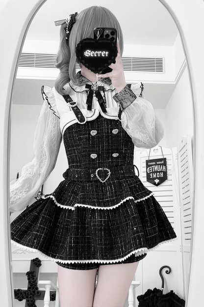 Plaid Design Suspender Skirt + Pants