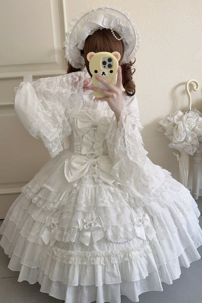 Sweetheart Ruffle Ribbon Lolita Dress + Bnt + Necklace + Princess Sleeve
