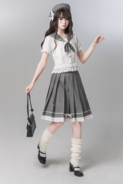 Sweet College Style Top + Polka Dot Pleated Skirt + Bow Tie