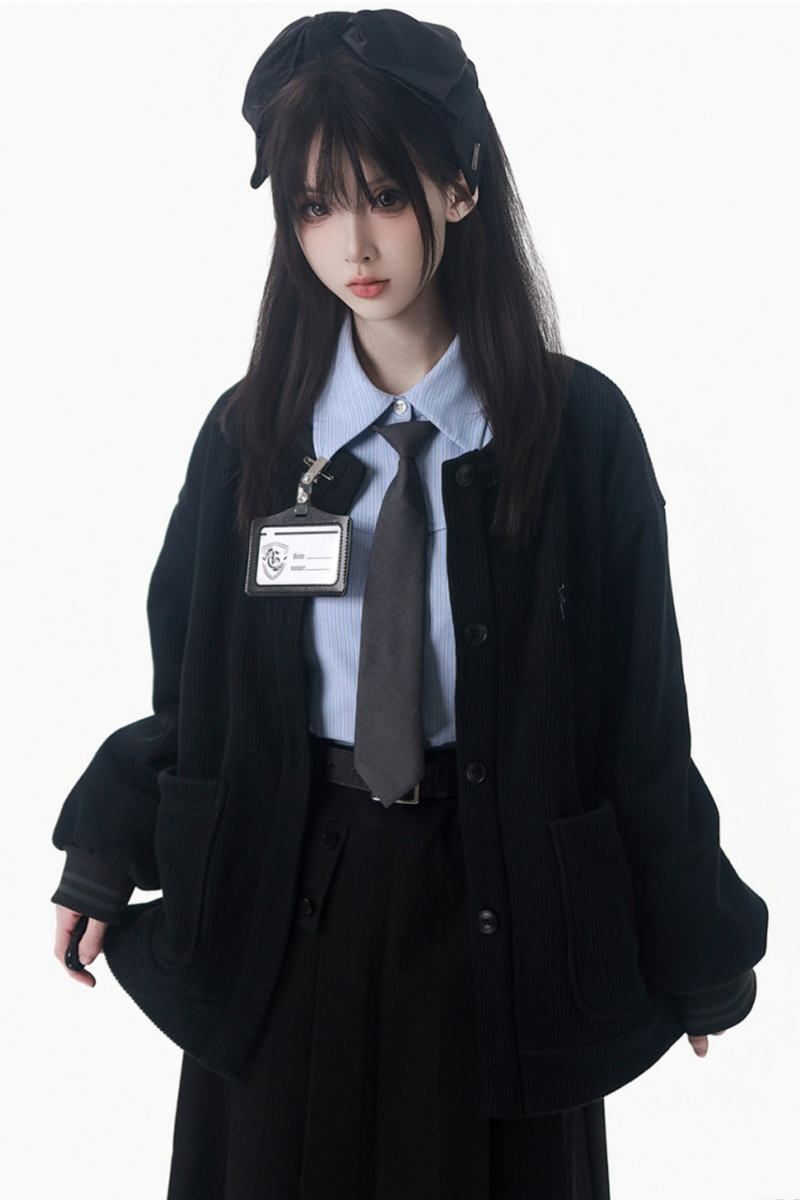 College Blue Shirt + Cardigan + Short Skirt + Long Skirt