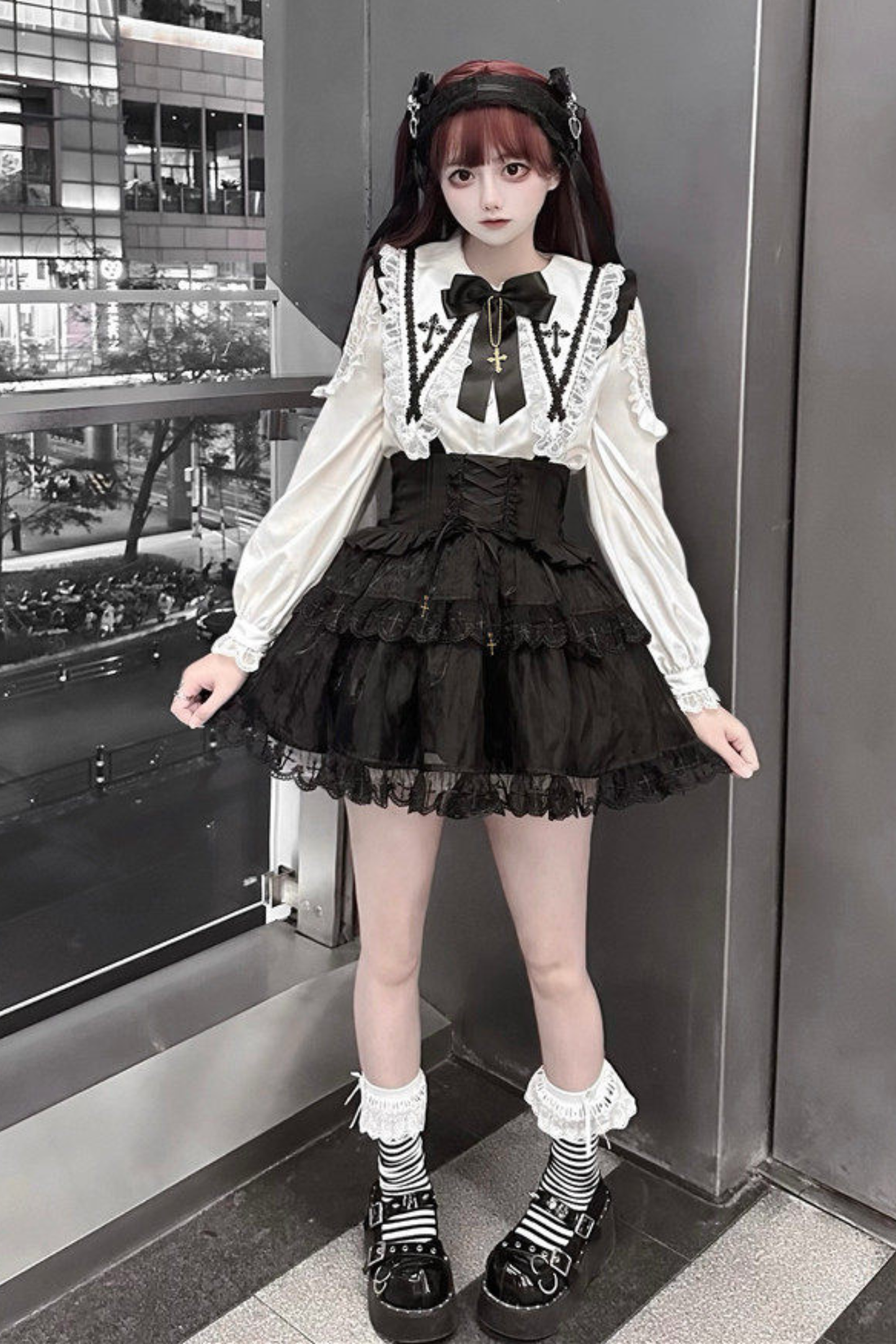 Holy Cross Flutter Sleeve Suspender Skirt + Shirt