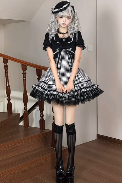 Houndstooth Dark Sweet Lolita Dress With Sleeves
