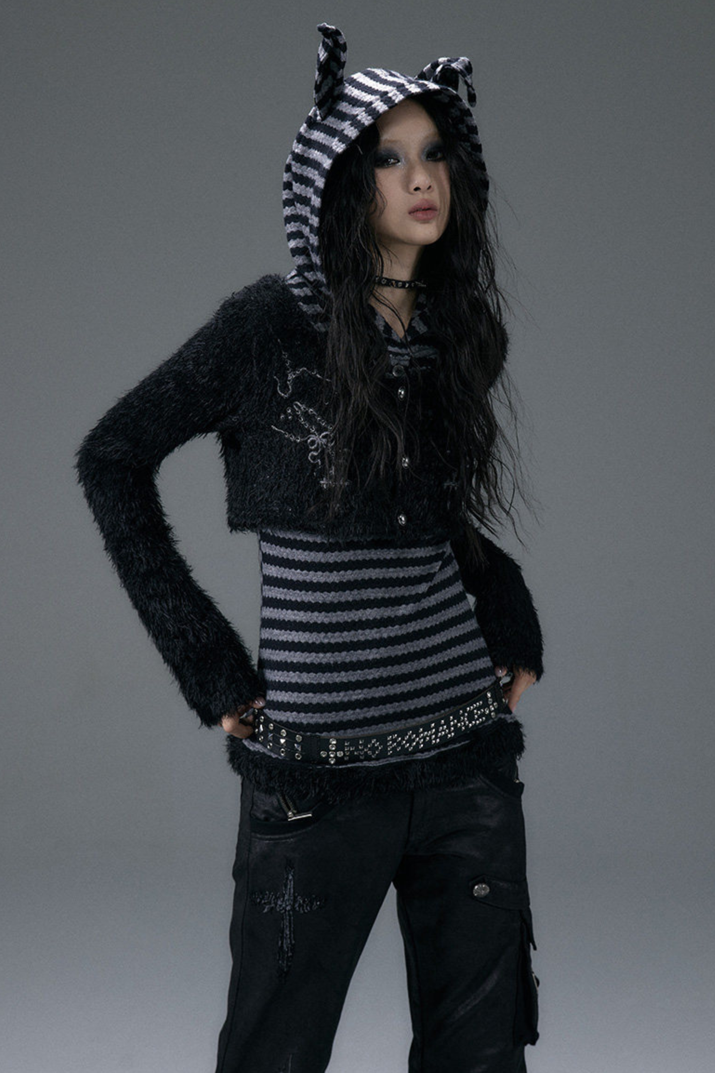 Striped Animal Hooded Top