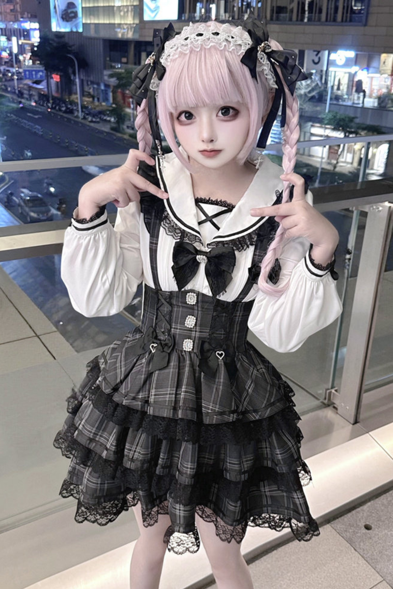 Plaid Flutter Sleeve Suspender Skirt + Top