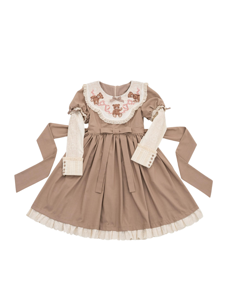 [pre-order] Lolita Teddy Bear Flap Lace Puff Sleeve Ribbon Dress
