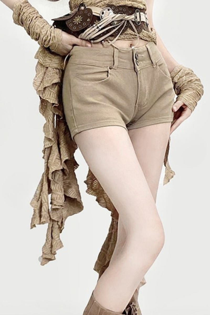 Khaki Ruffle Strapless Dress + Shorts