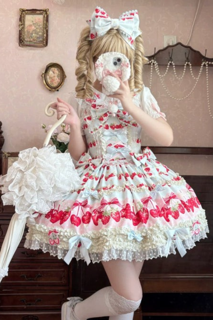 Strawberry Lolita Jumper Skirt + Rabbit Hair Scarf + Big Ribbon + Top + Hat + Bonnet