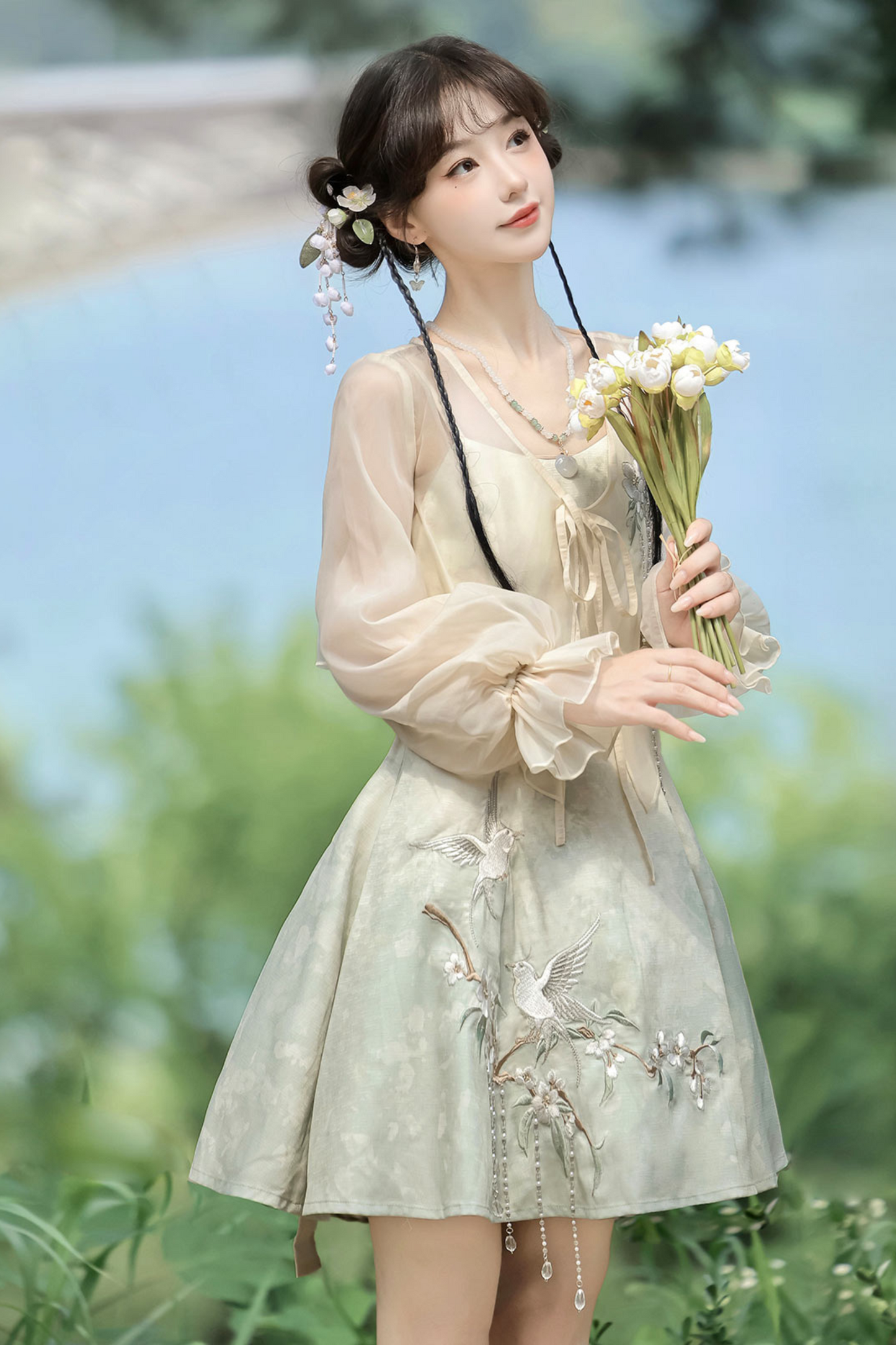 Chinese-style Gradient Retro Dress + Sheer Cardigan
