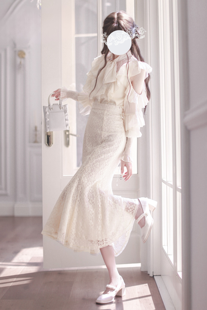 Sheer Chiffon Big Ribbon Shirt + Mermaid Skirt