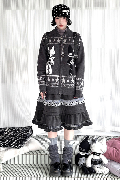 Y2k Jacquard Cardigan + Flared Skirt