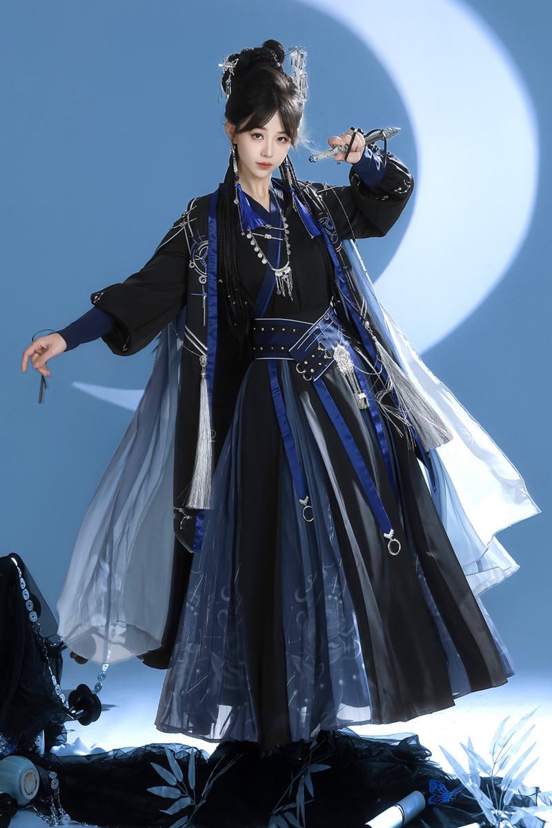 Dark Chinese-style Hooded Top + Belt + Cape + Necklace + Skirt