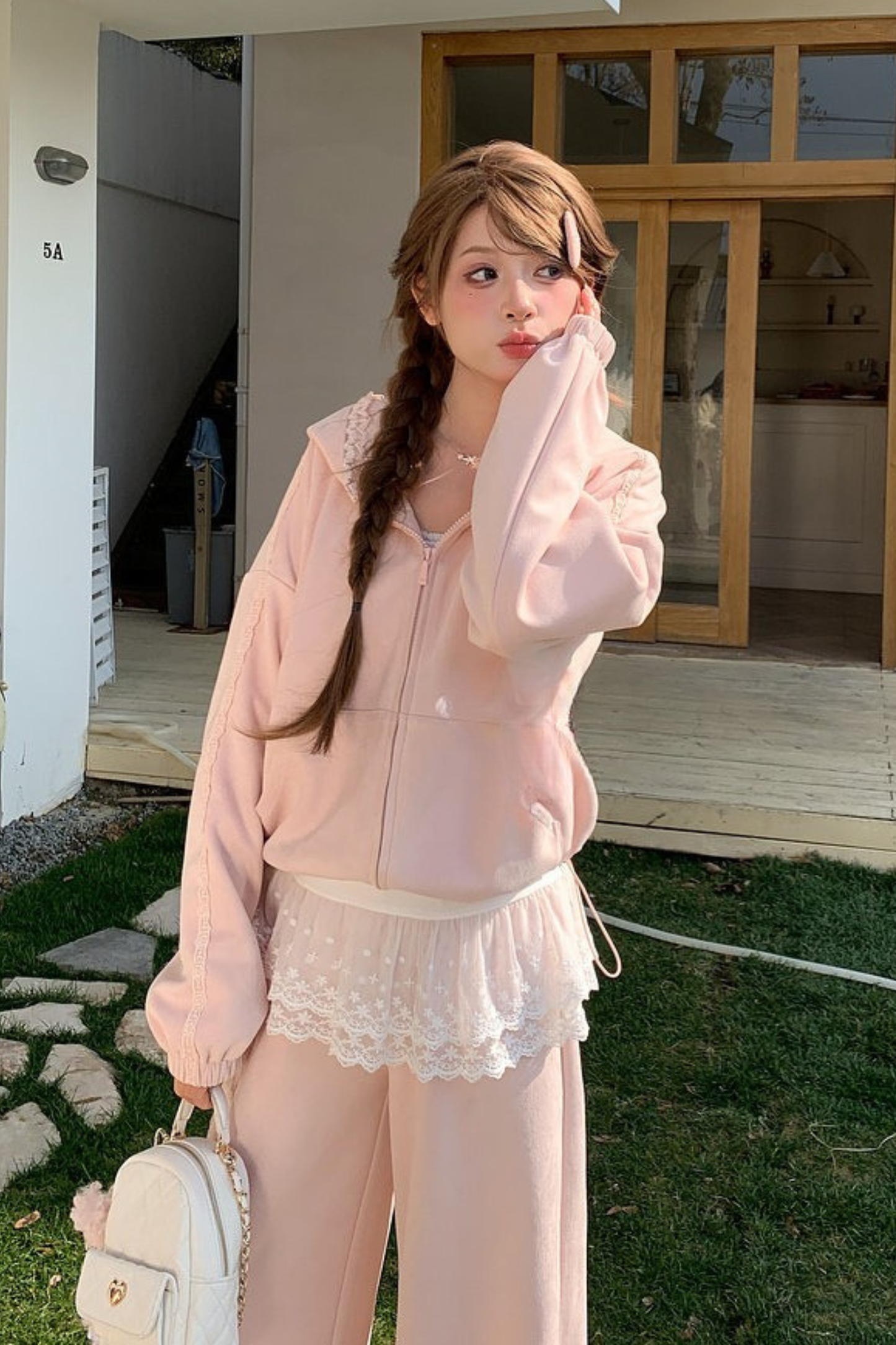 Lace Patchwork Hooded Jacket + Pants + Top
