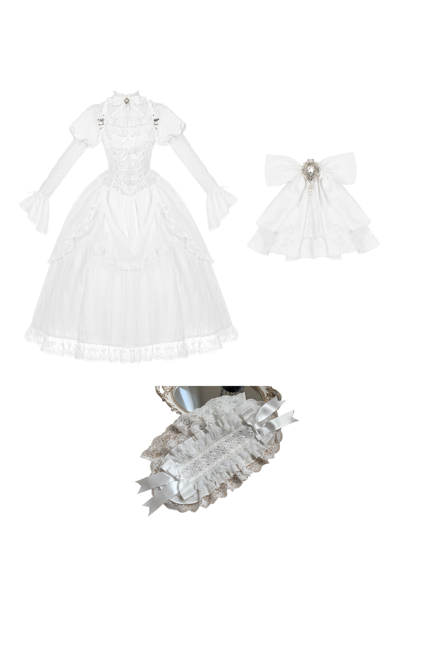 White Gothic Gemini Lolita Dress + Corset + Ribbon + Headband + Veil