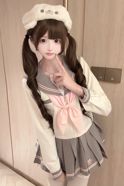 Sweet Girly Sailor Top + Skirt + Ribbon + Brooch