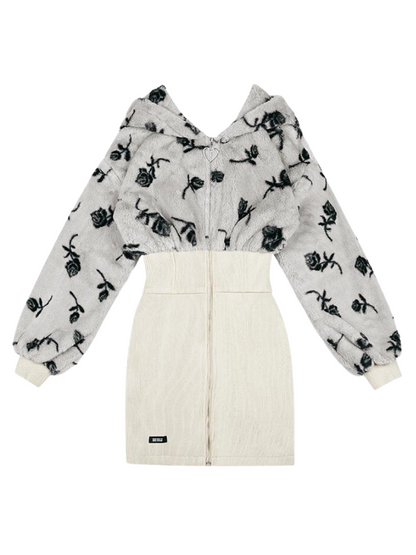 Pure Desire Rose Fur Hoodie Zip Skirt Dress