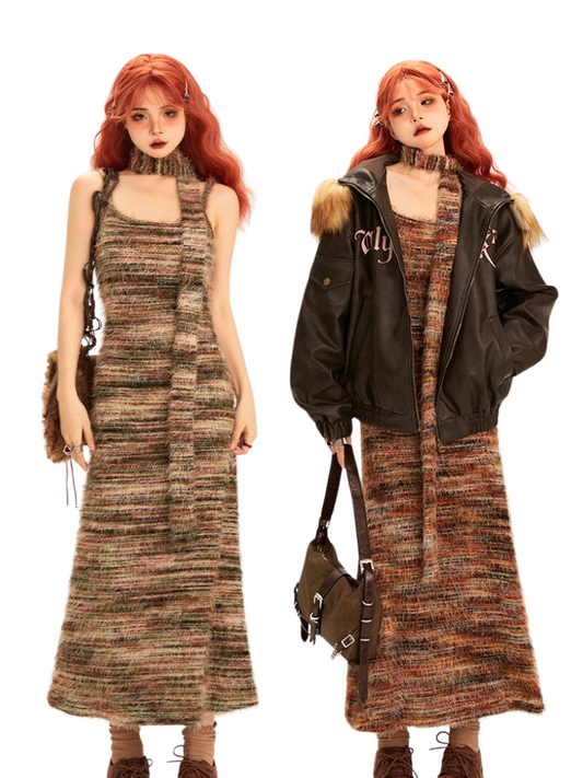 Contrast Color Striped Suspender Knit Dress