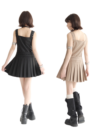 Retro Design Strap Short Pleated Vest Dress