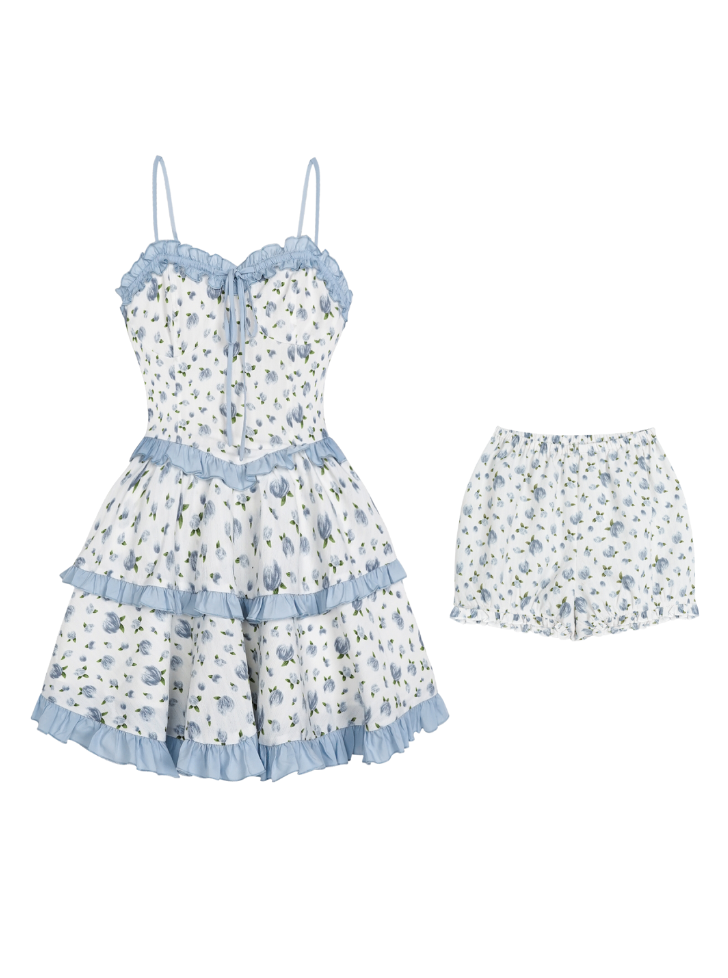 Pure Desire Blue Rose Tiered Suspender Dress + Short Pants