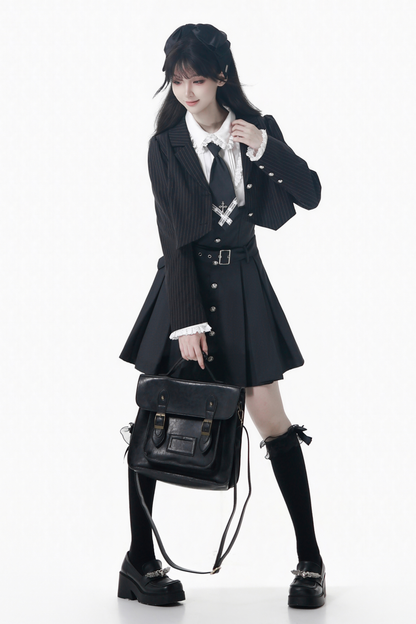 College Jacket + Suspender Skirt + Blouse + Tie