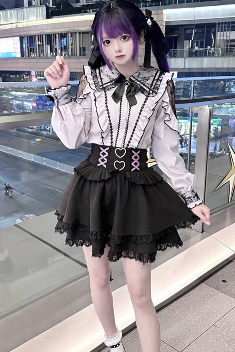 Lace Dark Shirt + Flare Skirt