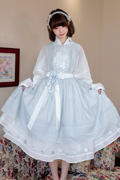 Pure White Chinese Dress + Cover Apron + Belt