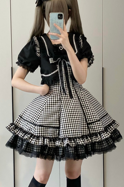 Houndstooth Dark Sweet Lolita Dress With Sleeves