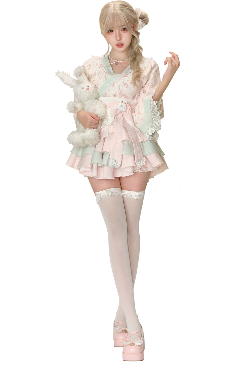 Japanese Design Top + Tiered Skirt + Ribbon Belt