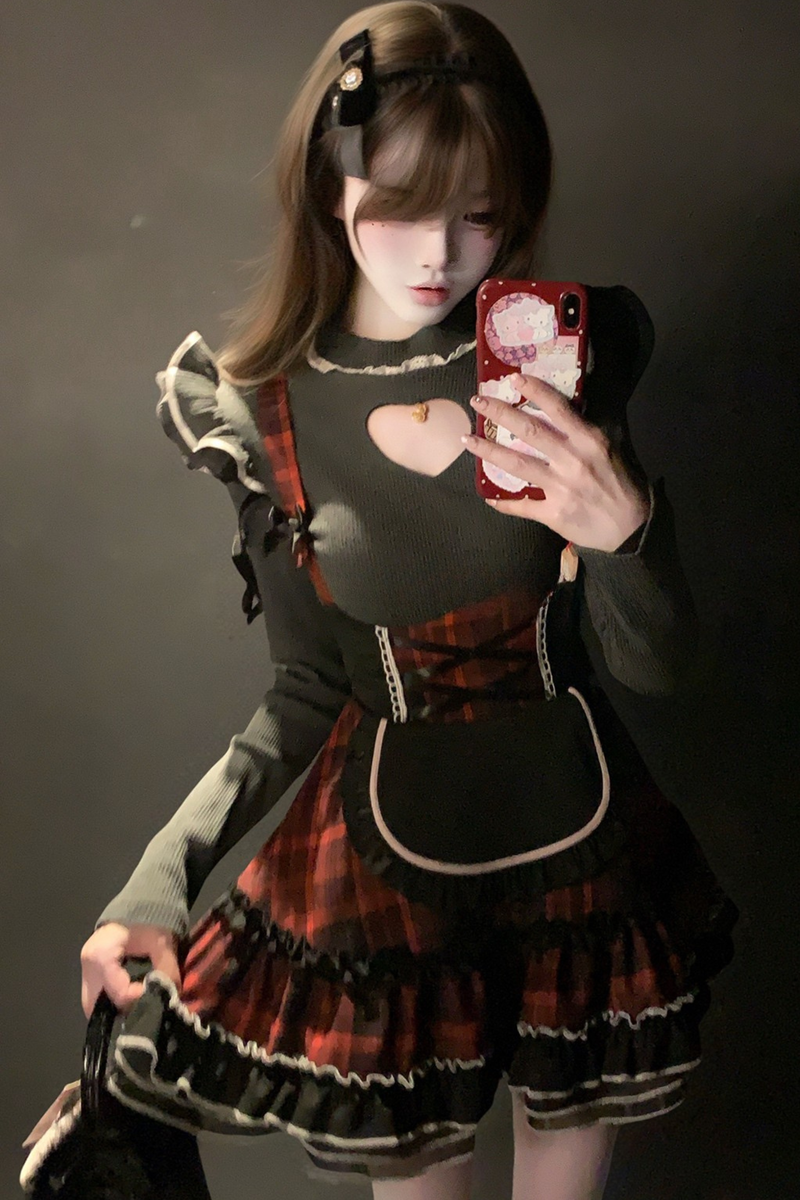 Love Neckline Top + Plaid Skirt