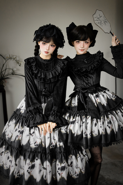 Butterfly Print Swing Lolita Dress + Jumper Skirt + Hairband + Innerwear + Ribbon
