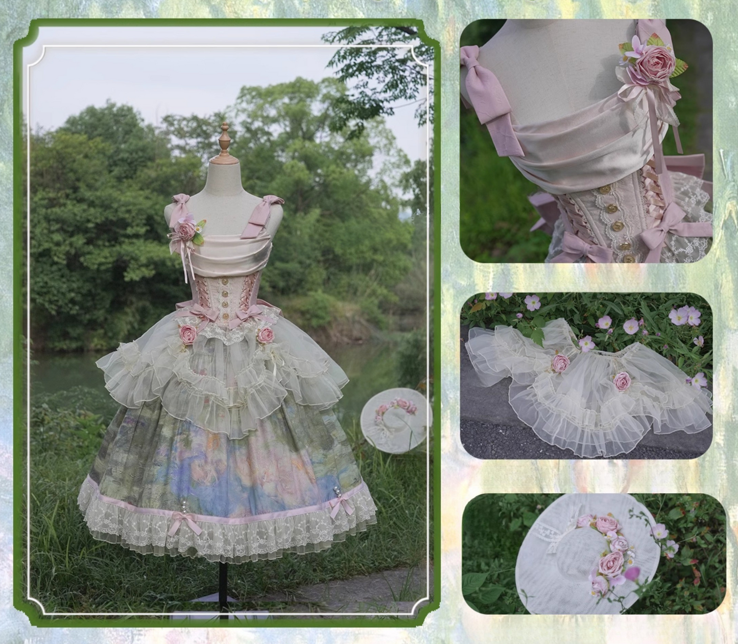 [pre-order Deadline: July 4] Monet Garden Oil Handle Classical Bustier Top + Skirt + Tulle Veil + Ribbon