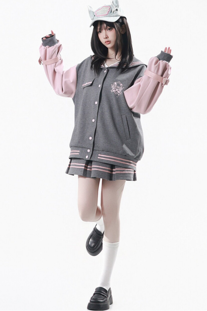 Sailor Collar Jacket + Pleated Skirt + Long Pants