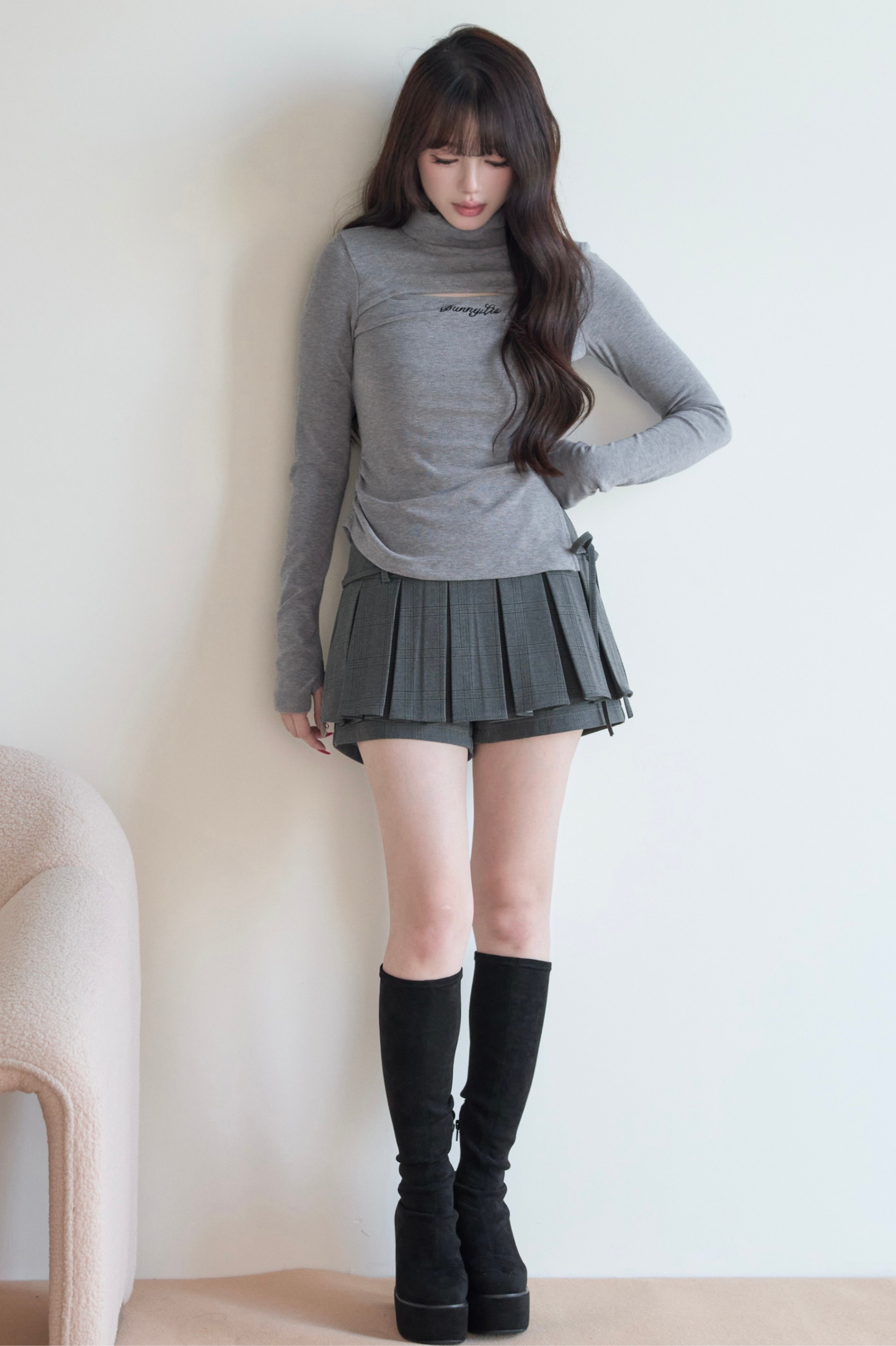 High Neck Knit Top + Plaid Skirt