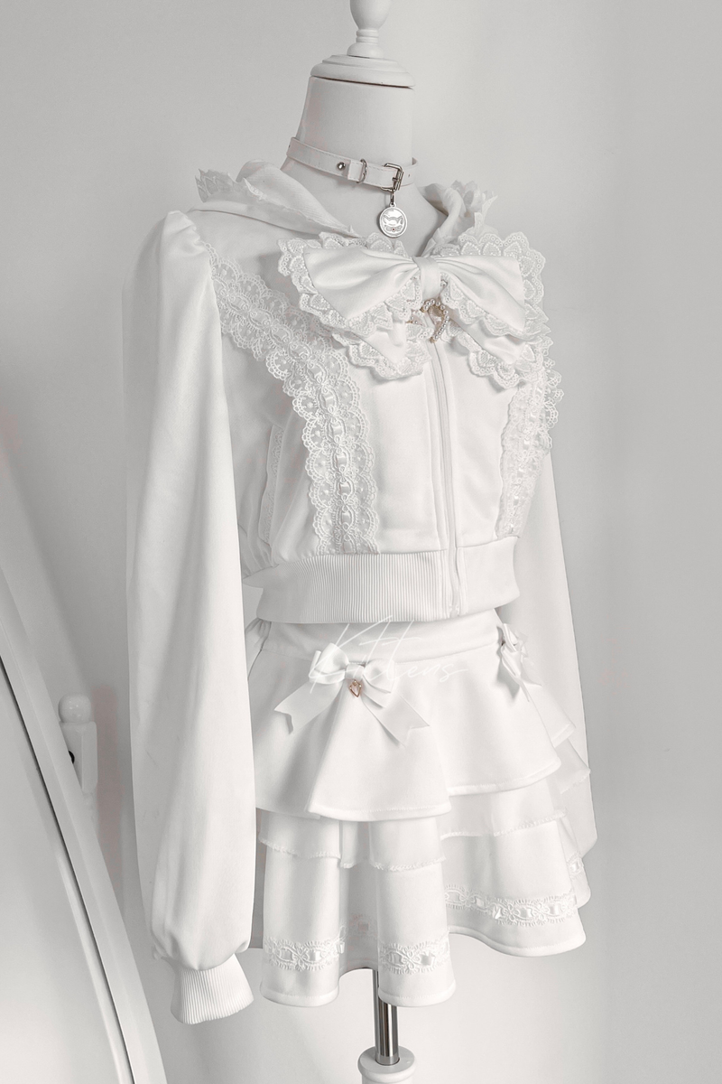 Ribbon Girly Cat Ear Hooded Zip Hoodie + Flare Skirt
