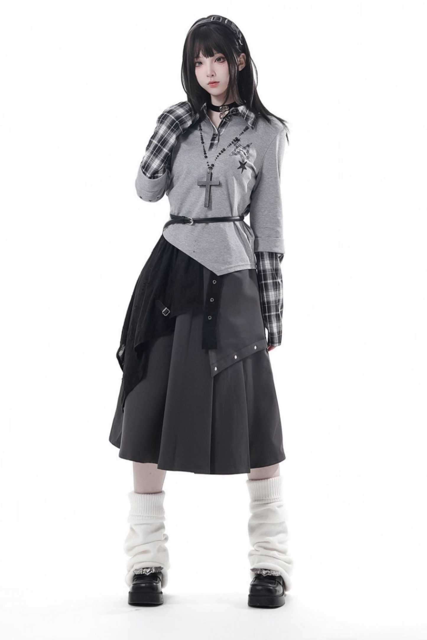 Plaid Design Top + Asymmetrical Top + Pants + Skirt + Belt