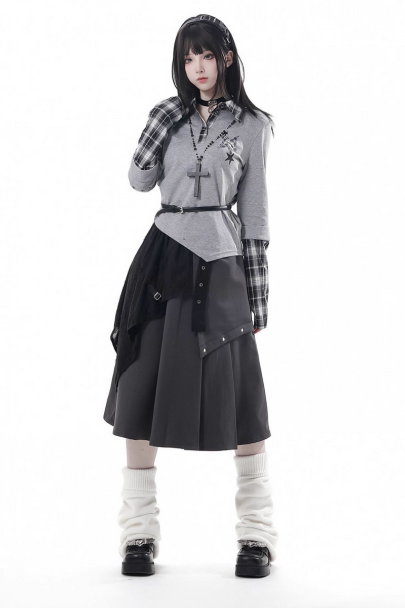 Plaid Design Top + Asymmetrical Top + Pants + Skirt + Belt