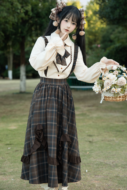 Retro Girly Plaid Skirt + Ruffle Blouse