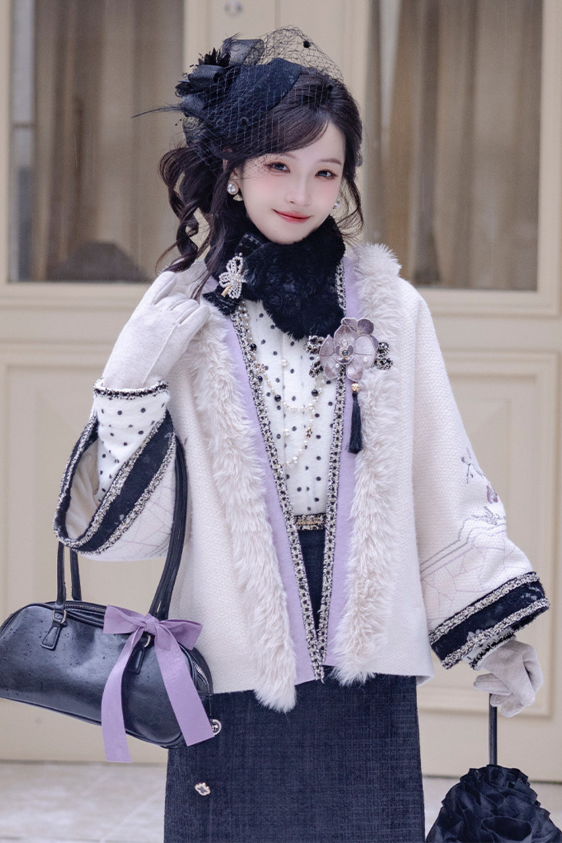 Butterfly Ink Dot Jacket + Top + Long Skirt + Brooch