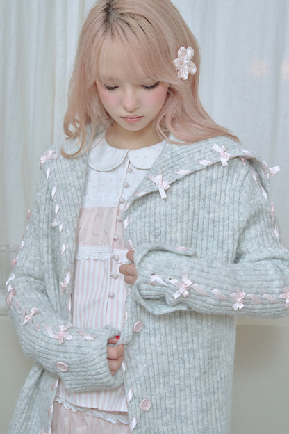 Lace-up Line Ribbon Knit Cardigan