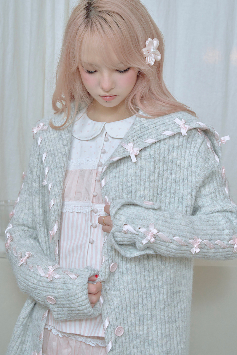 Lace-up Line Ribbon Knit Cardigan