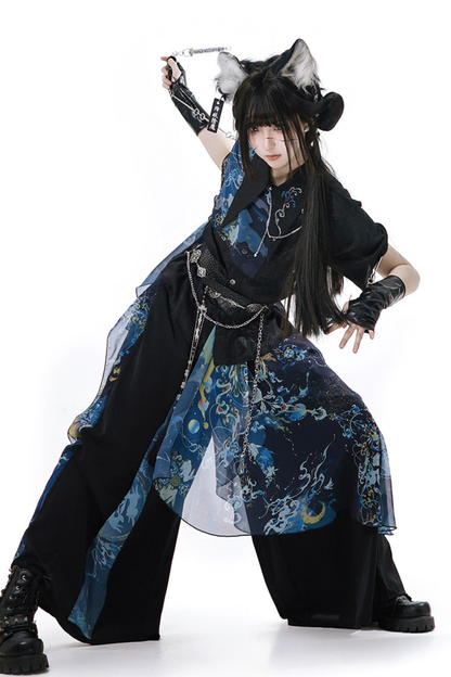 Dark Chinese-style Shirt + Wide Leg Pants + Chain + Belt