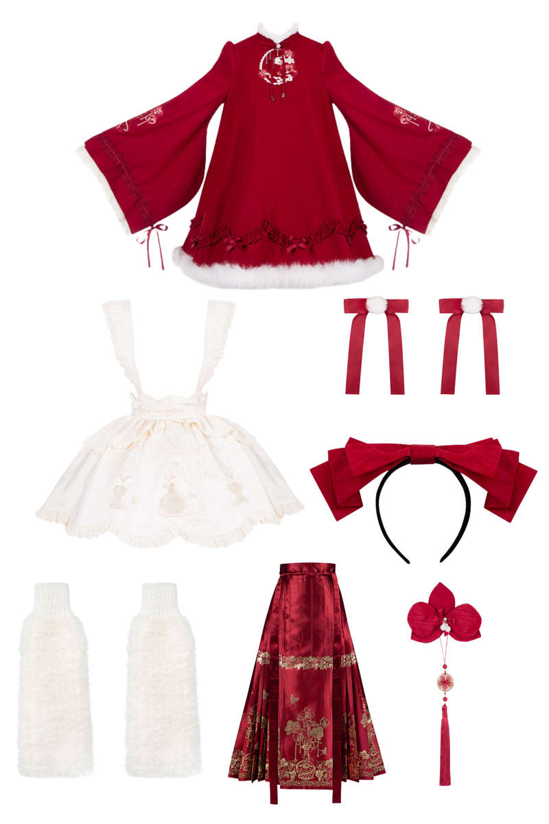 Chinese-style Big Sleeve Dress + Apron + Skirt + Leg Warmers + Hairband + Clip + Pin